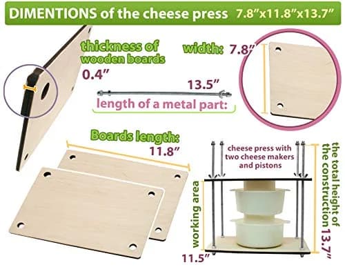 PetriStor Wooden Cheese Press with 2 Cheese Mold, 1.3Qt | Home Cheese Making Kit for Hard & Soft Cheeses thumbnail 6