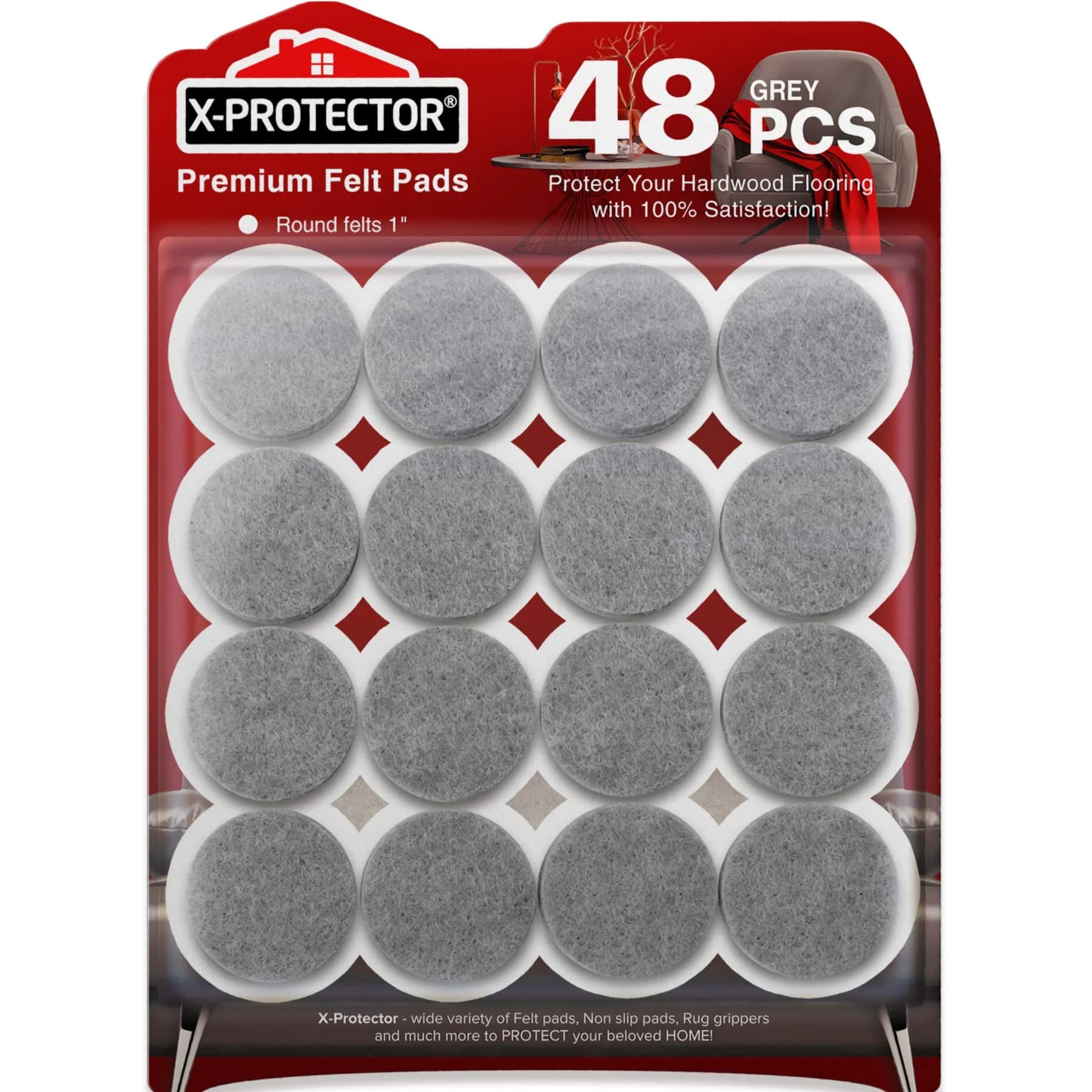 X-Protector Grey 48 PCS 1" Round Furniture Floor Protector Pads | Protects Wood & Laminate Floors — 48 PCS 1" Grey, Round