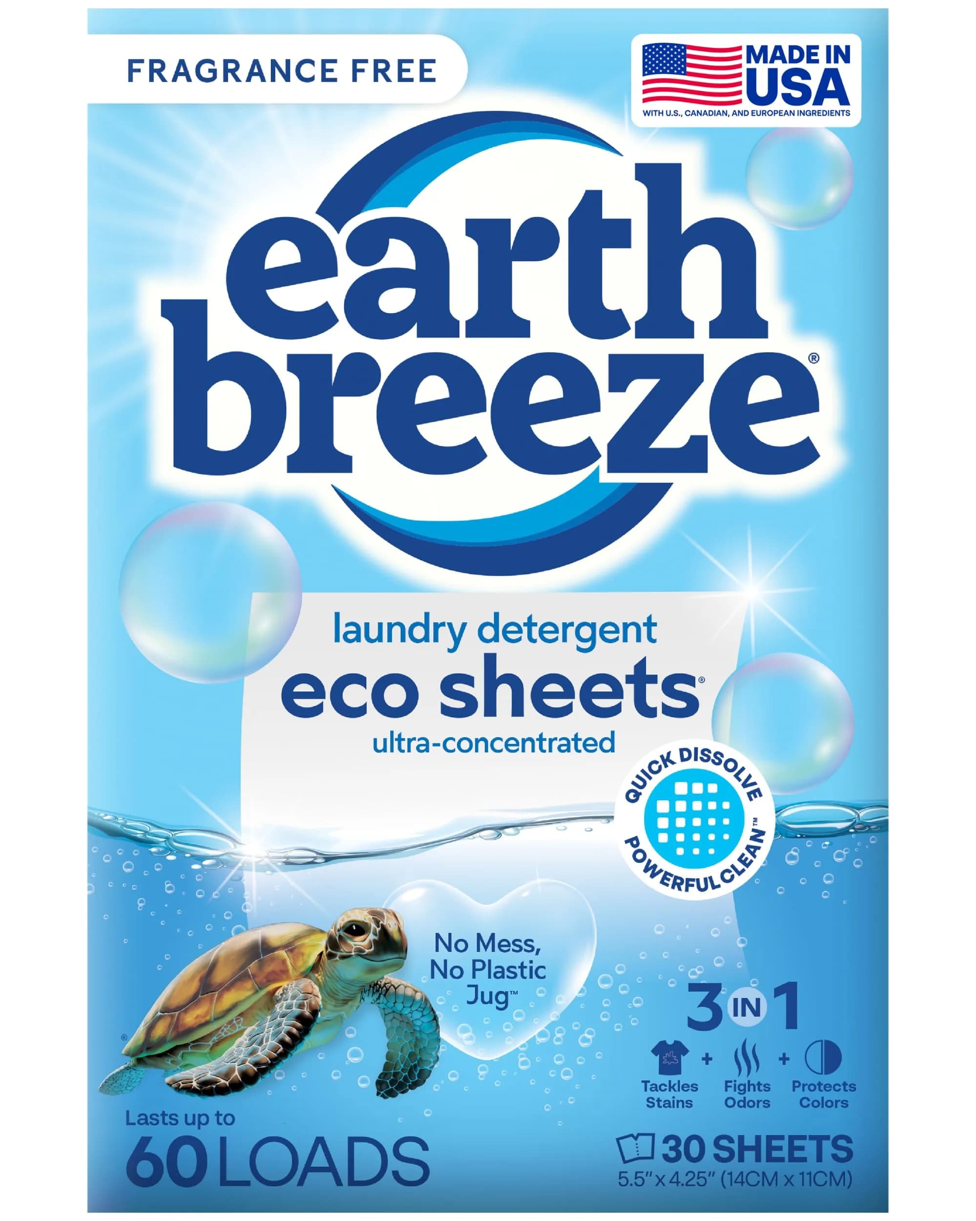 Earth Breeze Fragrance-Free Laundry Detergent Sheets 30 Count (60 Loads) | Eco-Friendly Liquidless Soap