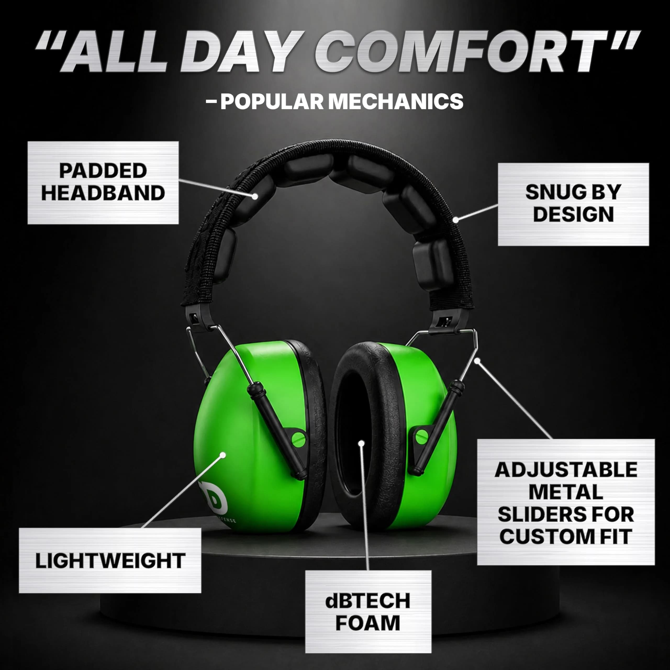 Decibel Defense Regular Size Safety Green Earmuffs | 37 dB NRR Noise Reduction - view 4