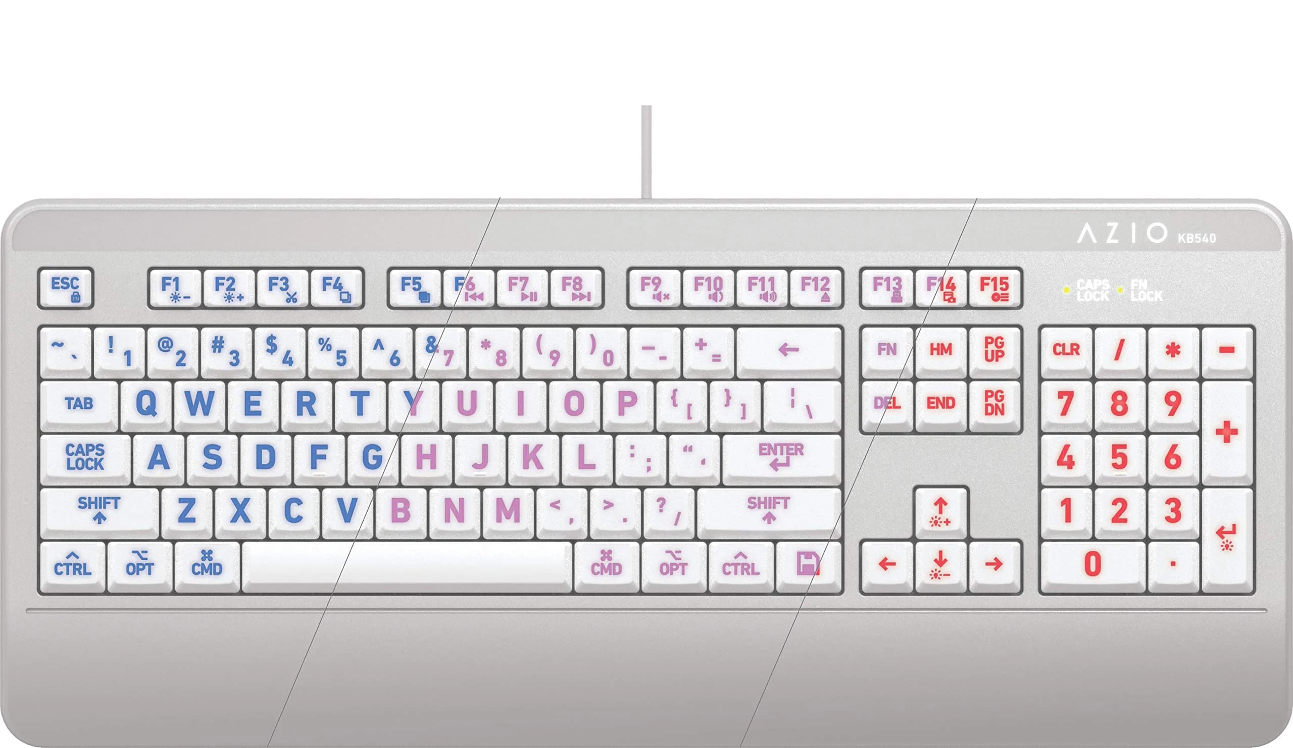 Azio KB540 Large Print 3-Color LED Wired USB Keyboard | Waterproof & Mac Compatible