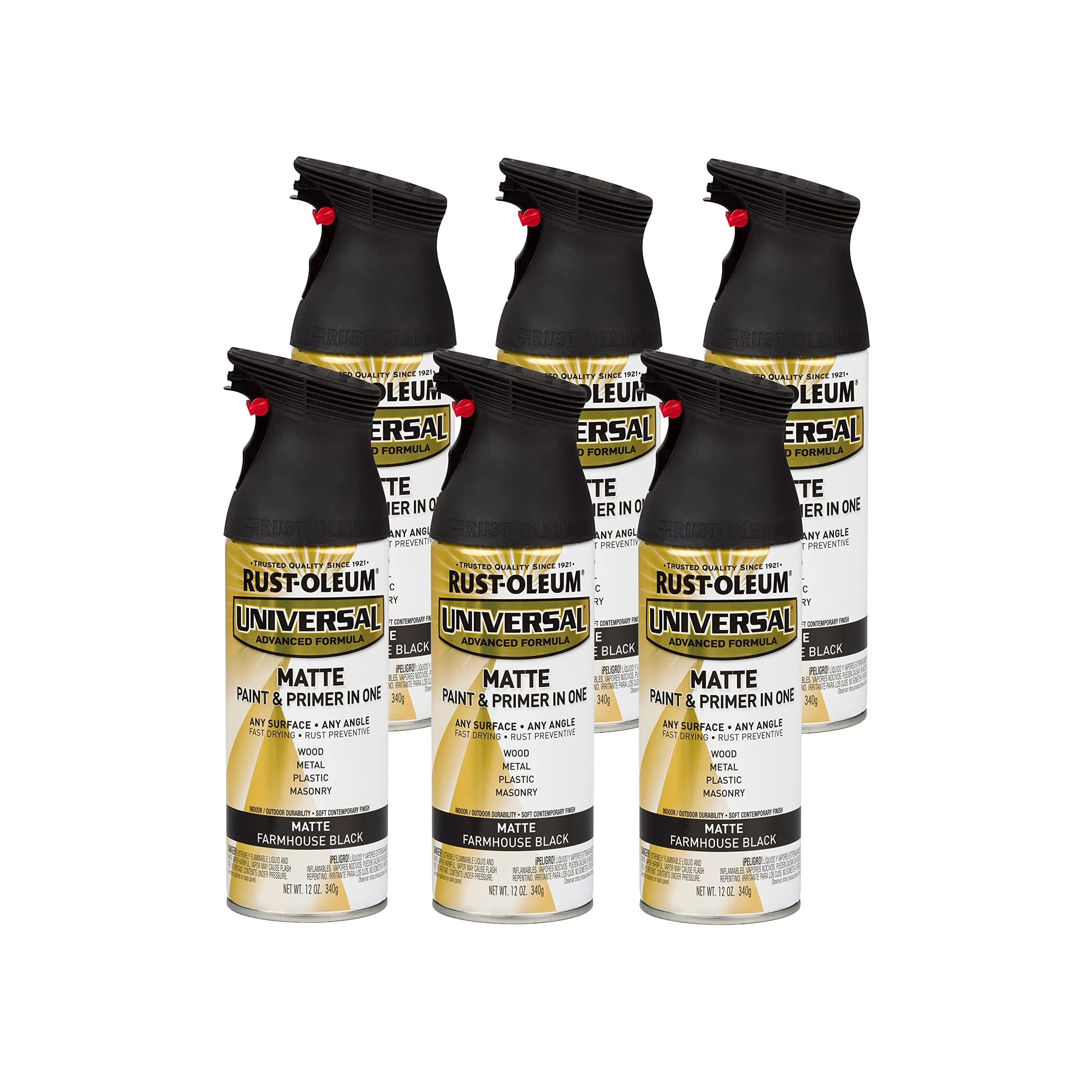 Rust-Oleum Universal All Surface Spray Paint, Matte Farmhouse Black, 12 Ounce (Pack of 6) - main product image