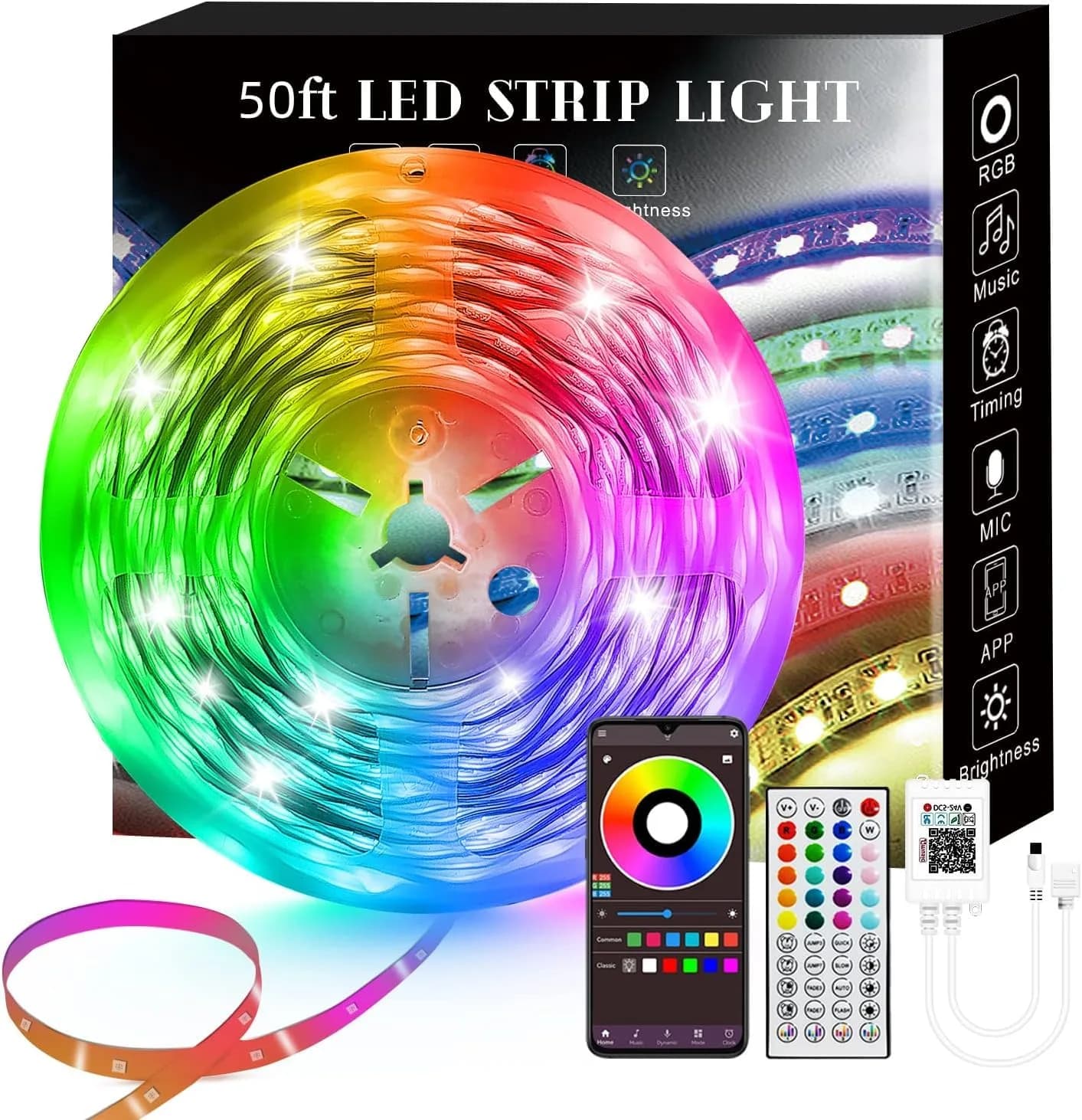 Lcutml 50FT RGB LED Strip Lights | Sync to Music, Dimmable, Multi-Colored, Indoor Use — 50Feet