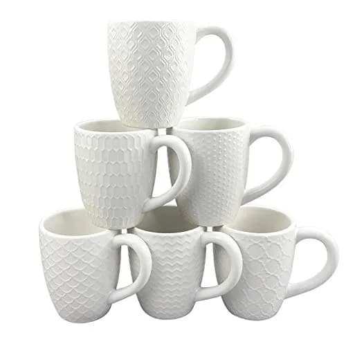 Schliersee 12 OZ White Ceramic Coffee Mugs Set of 6 | Multi-Pattern, Dishwasher & Microwave Safe thumbnail 1