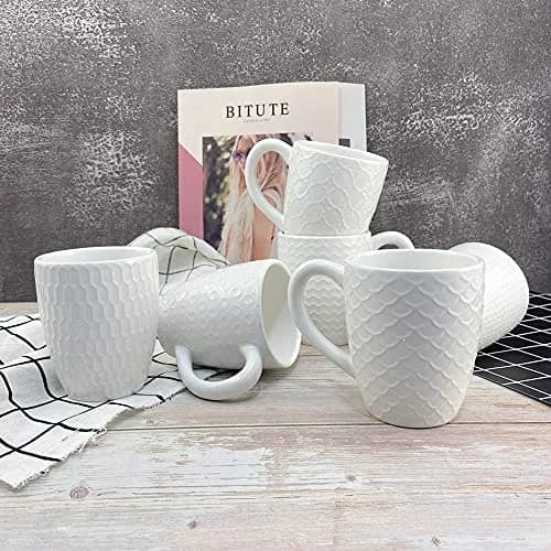 Schliersee 12 OZ White Ceramic Coffee Mugs Set of 6 | Multi-Pattern, Dishwasher & Microwave Safe thumbnail 7