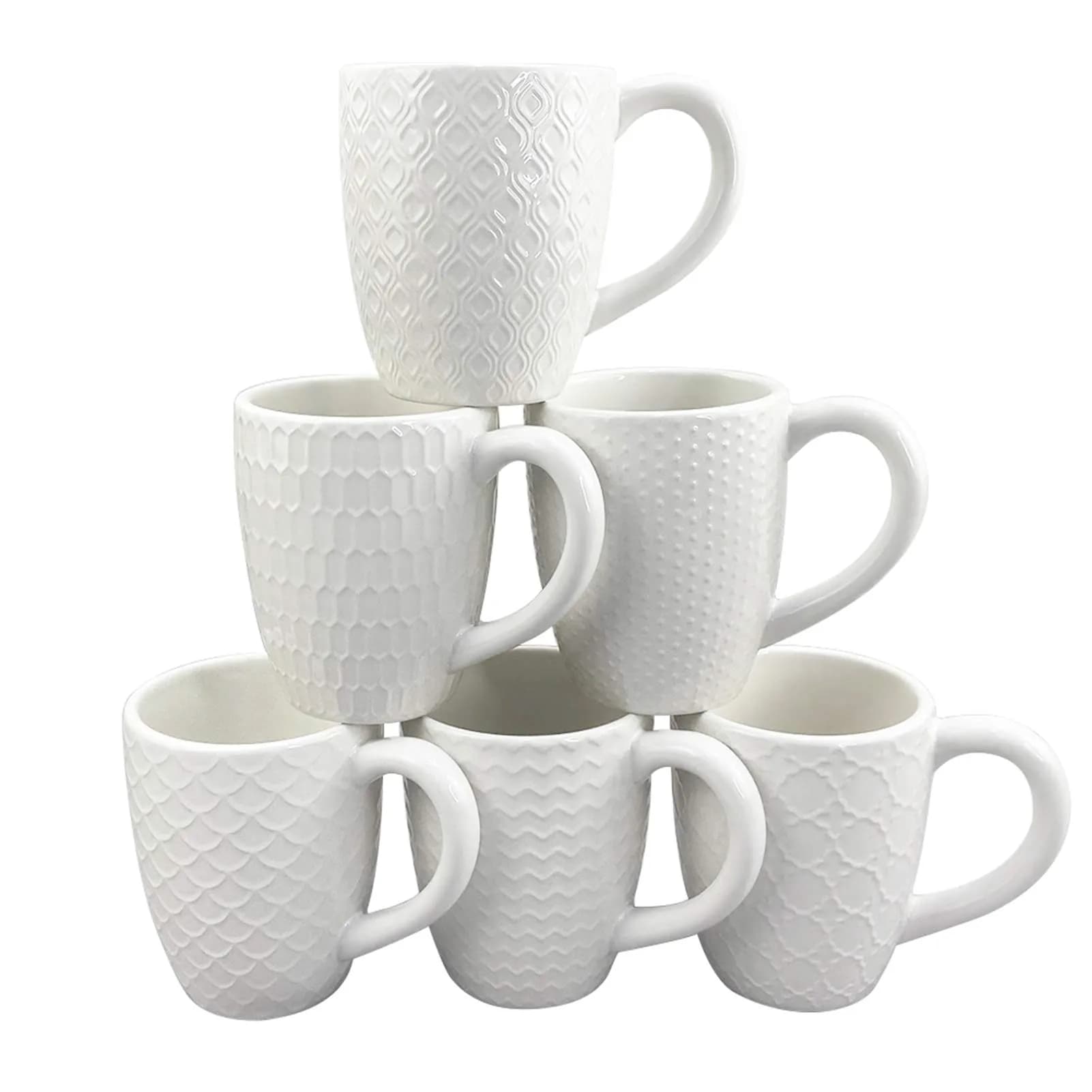 Schliersee 12 OZ White Ceramic Coffee Mugs Set of 6 | Multi-Pattern, Dishwasher & Microwave Safe — White Coffee Mugs