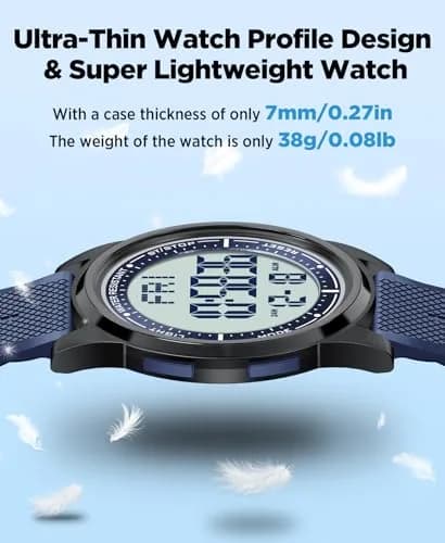 Beeasy Ultra-Thin Digital Watch Blue 44mm (1.73in) Case | Waterproof 50M with Stopwatch & Dual Time thumbnail 7