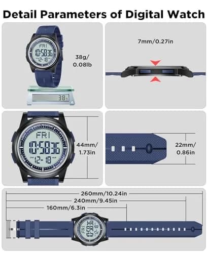 Beeasy Ultra-Thin Digital Watch Blue 44mm (1.73in) Case | Waterproof 50M with Stopwatch & Dual Time thumbnail 9