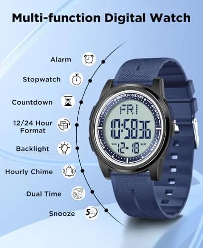 Beeasy Ultra-Thin Digital Watch Blue 44mm (1.73in) Case | Waterproof 50M with Stopwatch & Dual Time thumbnail 2