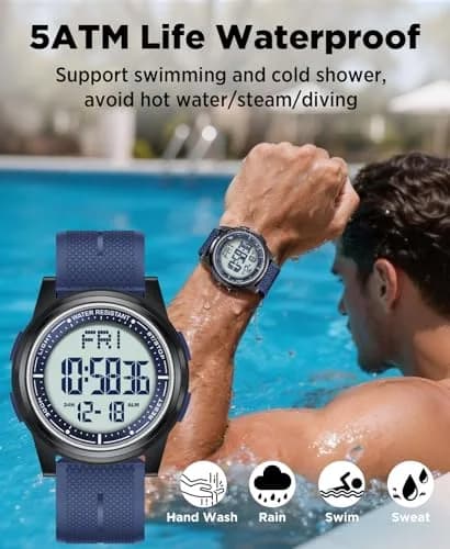 Beeasy Ultra-Thin Digital Watch Blue 44mm (1.73in) Case | Waterproof 50M with Stopwatch & Dual Time thumbnail 3