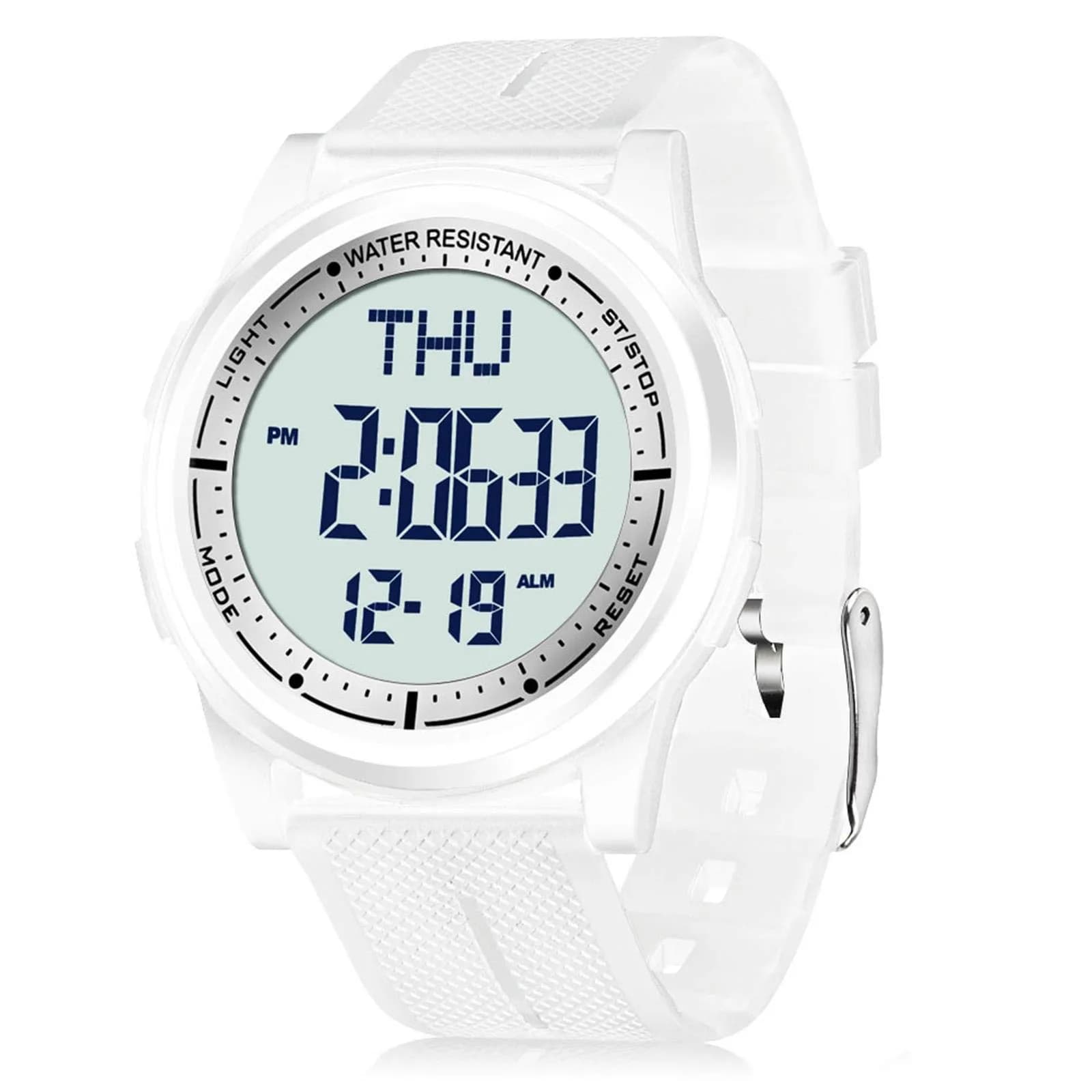 Beeasy Digital Watch for Men Women | 50M Waterproof, Ultra-Thin 6.6mm, 44mm Silicone Sports Watch with Alarm & Stopwatch — White