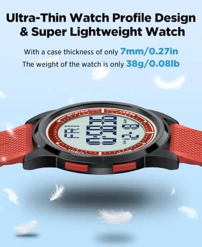 Beeasy Digital Watch Waterproof with Stopwatch Alarm Countdown Dual Time, Ultra-Thin 6.6mm Case, 50m Water-Resistant, Red thumbnail 5