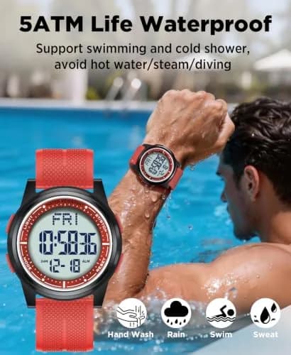 Beeasy Digital Watch Waterproof with Stopwatch Alarm Countdown Dual Time, Ultra-Thin 6.6mm Case, 50m Water-Resistant, Red thumbnail 2