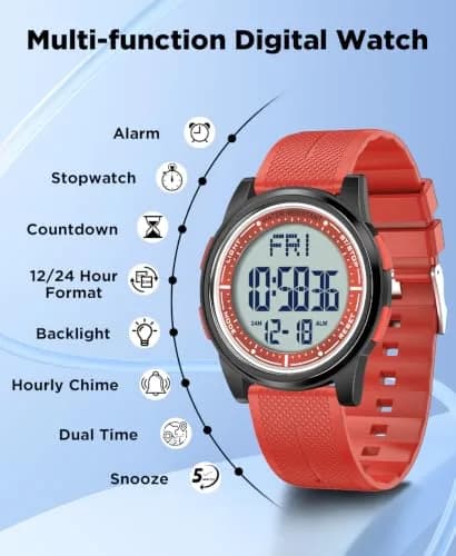 Beeasy Digital Watch Waterproof with Stopwatch Alarm Countdown Dual Time, Ultra-Thin 6.6mm Case, 50m Water-Resistant, Red thumbnail 3