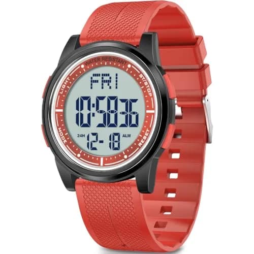 Beeasy Digital Watch Waterproof with Stopwatch Alarm Countdown Dual Time, Ultra-Thin 6.6mm Case, 50m Water-Resistant, Red - main product image