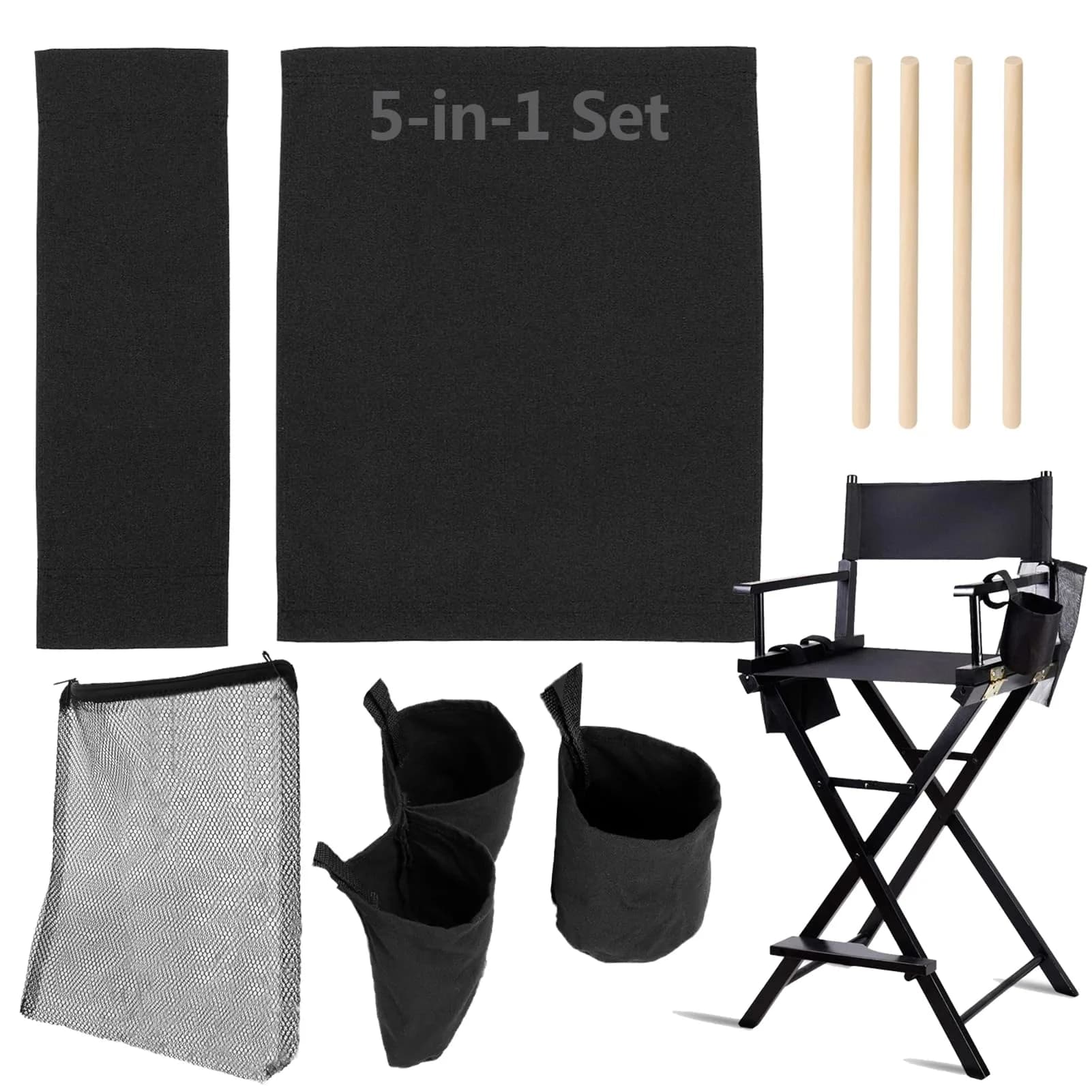 STAY GENT 5-in-1 Makeup Artist Chair Accessory Set - Black Replacement Canvas & Storage Bags | Fits Director Chairs 53x20cm Backrest, 53x42cm Seat