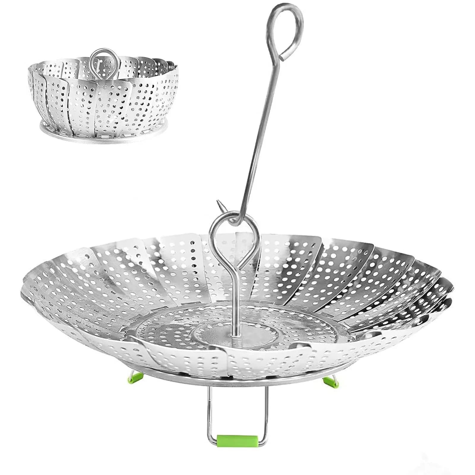 JMTEEA Stainless Steel Steamer Basket with Folding Silicone Feet & Safety Tool, 15.6cm (6.1" to 9.5") Adjustable Diameter | Healthy Cooking for Veggies, Fish, Seafood