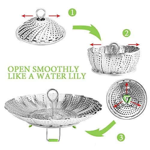 JMTEEA Stainless Steel Steamer Basket with Folding Silicone Feet & Safety Tool, 15.6cm (6.1" to 9.5") Adjustable Diameter | Healthy Cooking for Veggies, Fish, Seafood thumbnail 4