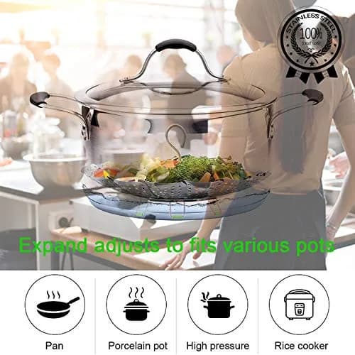 JMTEEA Stainless Steel Steamer Basket with Folding Silicone Feet & Safety Tool, 15.6cm (6.1" to 9.5") Adjustable Diameter | Healthy Cooking for Veggies, Fish, Seafood thumbnail 7