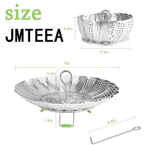 JMTEEA Stainless Steel Steamer Basket with Folding Silicone Feet & Safety Tool, 15.6cm (6.1" to 9.5") Adjustable Diameter | Healthy Cooking for Veggies, Fish, Seafood thumbnail 2