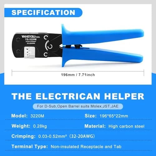 Yangoutool Micro Molex Crimper: 32-20AWG (0.03-0.52mm²) | Compatible with Molex, JST, JAE, D-Sub, Precision Crimping Tool thumbnail 2