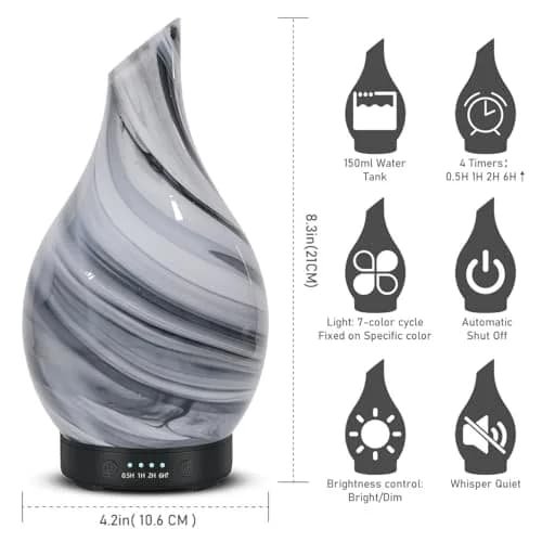EQUSUPRO Essential Oil Diffuser 150ml | Ultrasonic Aromatherapy Diffuser with 7 LED Lights, Auto Shut-Off, US Plug, Handmade Glass Cover thumbnail 5