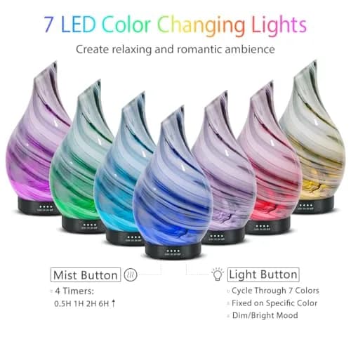 EQUSUPRO Essential Oil Diffuser 150ml | Ultrasonic Aromatherapy Diffuser with 7 LED Lights, Auto Shut-Off, US Plug, Handmade Glass Cover thumbnail 3