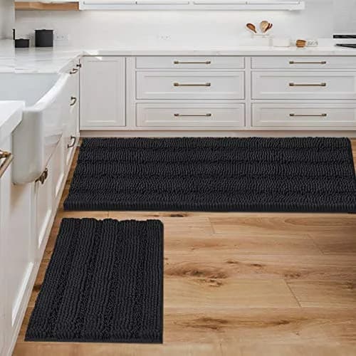 H.VERSAILTEX 2 Piece Bathroom Set - Super Absorbent Chenille Striped Bath Mats, Non Skid, Machine Washable - Jet Black, 47 x 17 Plus 17 x 24 Inches thumbnail 1