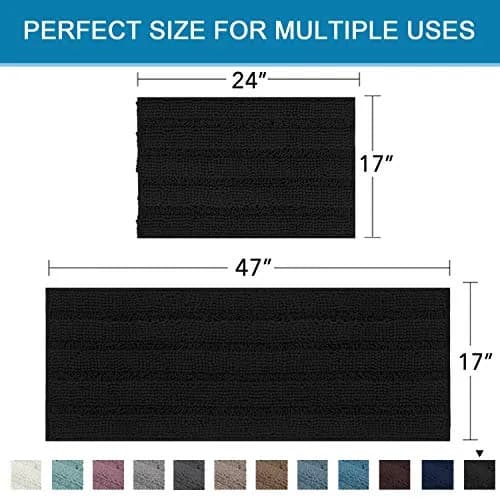 H.VERSAILTEX 2 Piece Bathroom Set - Super Absorbent Chenille Striped Bath Mats, Non Skid, Machine Washable - Jet Black, 47 x 17 Plus 17 x 24 Inches thumbnail 2