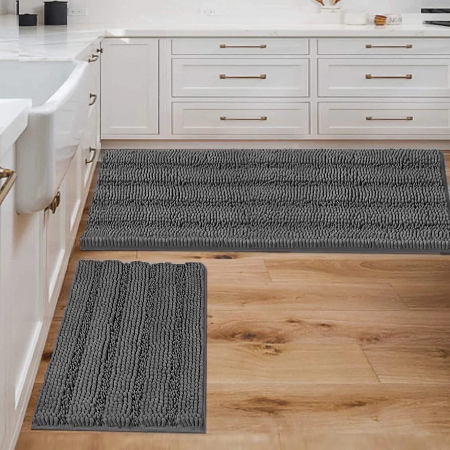 H.VERSAILTEX 2 Piece Bathroom Set - Super Absorbent Chenille Striped Bath Mats - Non Skid, Machine Washable - Grey, 47 x 17 Plus 17 x 24