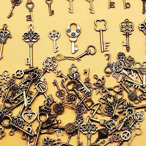 CHuangQi Vintage Skeleton Keys Set 125pcs | Steampunk Antique Bronze Jewelry Charms thumbnail 4