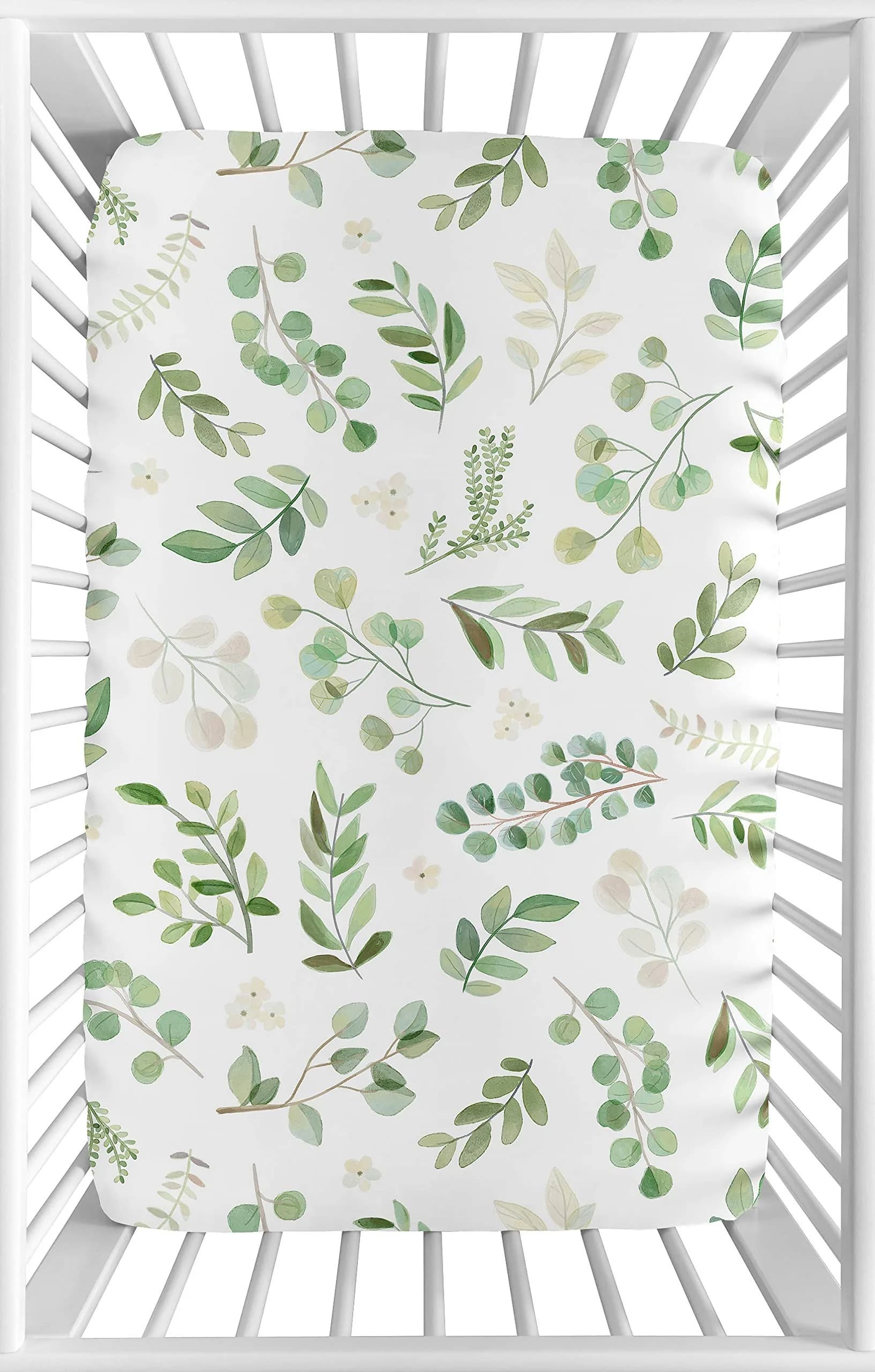 Sweet Jojo Designs Botanical Leaf Mini Crib Sheet 38 in. x 24 in. (96.5 cm x 61 cm) | Boho Watercolor Woodland Garden — Green Botanical