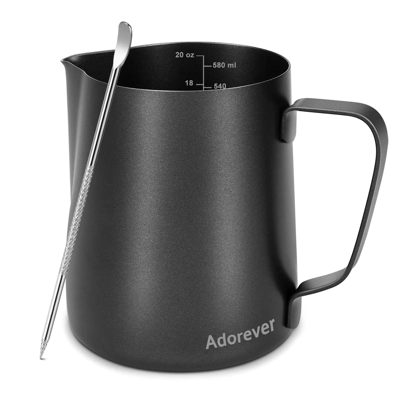 Adorever Matte Black 600ml (20oz) Milk Frothing Pitcher with Latte Art Pen | Perfect for Home Baristas