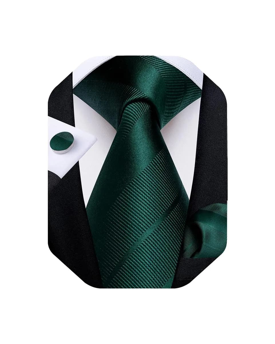 DiBanGu Forest Green Solid Silk Necktie Set with Pocket Square & Cufflinks | 59 inches x 3.15 inches — Solid Green