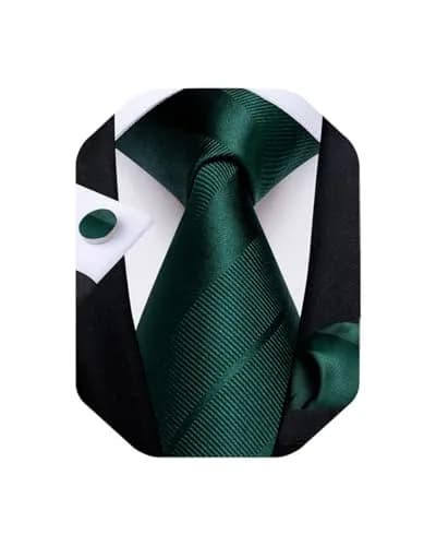 DiBanGu Forest Green Solid Silk Necktie Set with Pocket Square & Cufflinks | 59 inches x 3.15 inches thumbnail 1