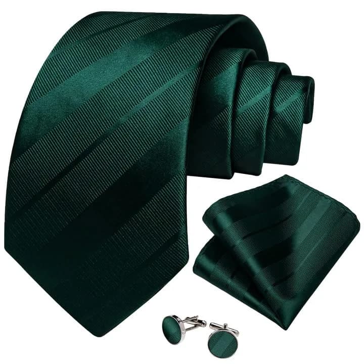 DiBanGu Forest Green Solid Silk Necktie Set with Pocket Square & Cufflinks | 59 inches x 3.15 inches thumbnail 4