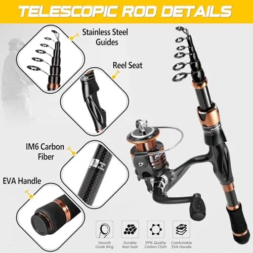 PLUSINNO Bronze Warrior Telescopic Fishing Rod and Reel Combo 1.80M (5.91FT) | IM6 Carbon Fiber Blank, 12+1 Ball Bearings, Portable Travel Gear thumbnail 3