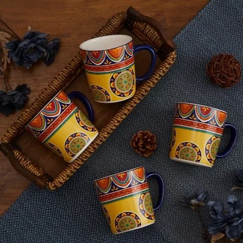 Bico Tunisian Ceramic Coffee Mugs Set of 4, 18 oz Aesthetic Mugs | Vibrant Pattern, Dishwasher Safe thumbnail 4