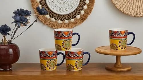 Bico Tunisian Ceramic Coffee Mugs Set of 4, 18 oz Aesthetic Mugs | Vibrant Pattern, Dishwasher Safe thumbnail 5