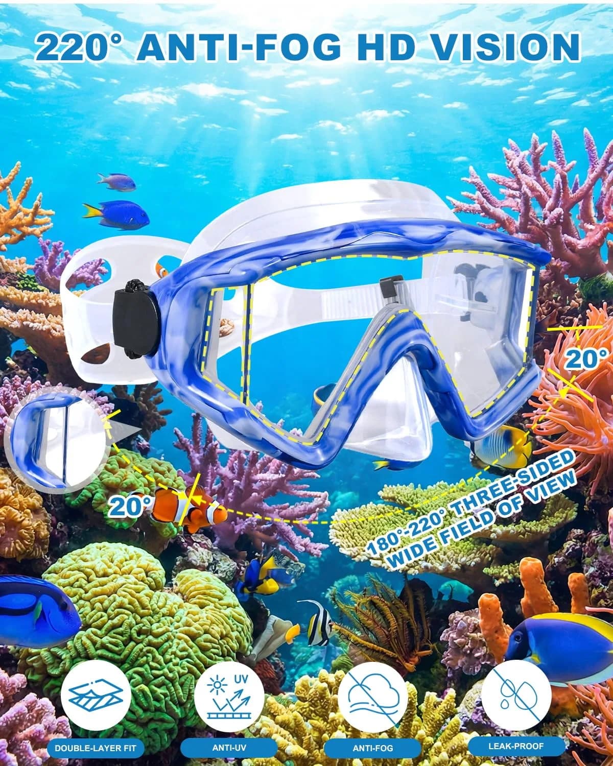 AQUA A DIVE SPORTS Blue/White Adult Single Lens Diving Mask with 180° Wide View Anti-Fog - view 3