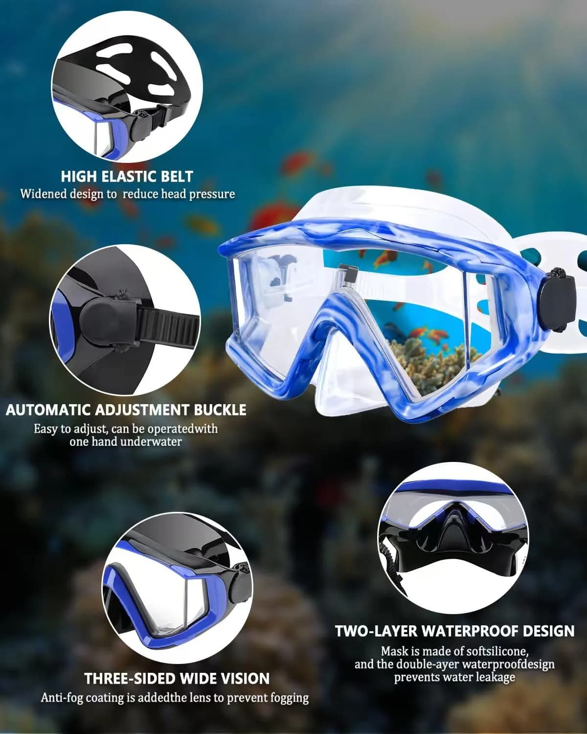 AQUA A DIVE SPORTS Blue/White Adult Single Lens Diving Mask with 180° Wide View Anti-Fog - view 4