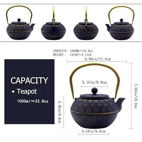 YJX Cast Iron Tea Kettle with Stainless Steel Infuser, 1000ml (33.8oz) | Japanese Tetsubin Design thumbnail 6