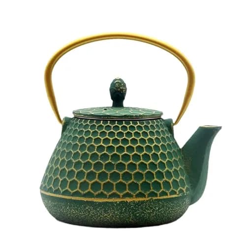 YJX Cast Iron Tea Kettle for Stovetop, 1000ml (34oz) Green Hexagon Pattern with Stainless Steel Infuser | Brew Sweet Tea thumbnail 1