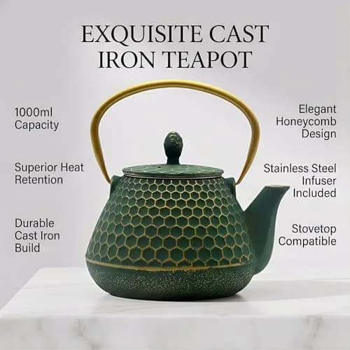 YJX Cast Iron Tea Kettle for Stovetop, 1000ml (34oz) Green Hexagon Pattern with Stainless Steel Infuser | Brew Sweet Tea thumbnail 5