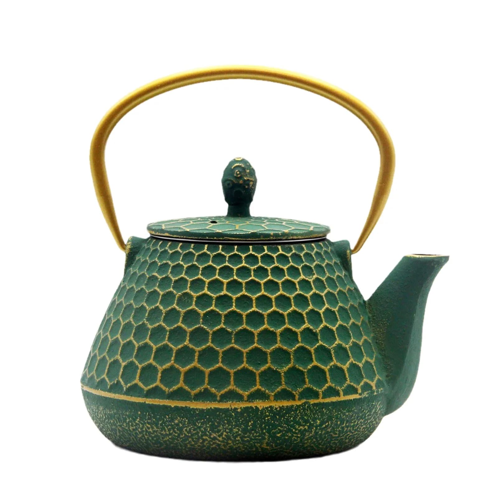YJX Cast Iron Tea Kettle for Stovetop, 1000ml (34oz) Green Hexagon Pattern with Stainless Steel Infuser | Brew Sweet Tea — Dark Green Hexagon Pattern, 1000ml/34oz