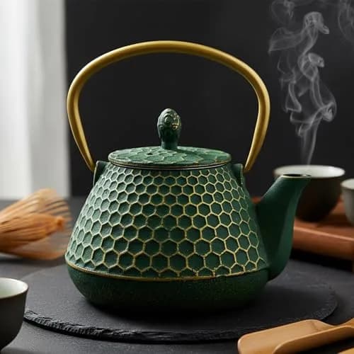 YJX Cast Iron Tea Kettle for Stovetop, 1000ml (34oz) Green Hexagon Pattern with Stainless Steel Infuser | Brew Sweet Tea thumbnail 8