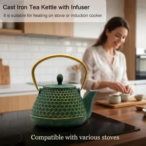 YJX Cast Iron Tea Kettle for Stovetop, 1000ml (34oz) Green Hexagon Pattern with Stainless Steel Infuser | Brew Sweet Tea thumbnail 4