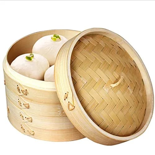 Sorfity Handmade Bamboo Steam Basket 10 Inch | 2-Tier Chinese Food Steamer for Dumplings Vegetables & Rice thumbnail 1