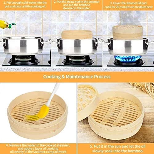 Sorfity Handmade Bamboo Steam Basket 10 Inch | 2-Tier Chinese Food Steamer for Dumplings Vegetables & Rice thumbnail 3