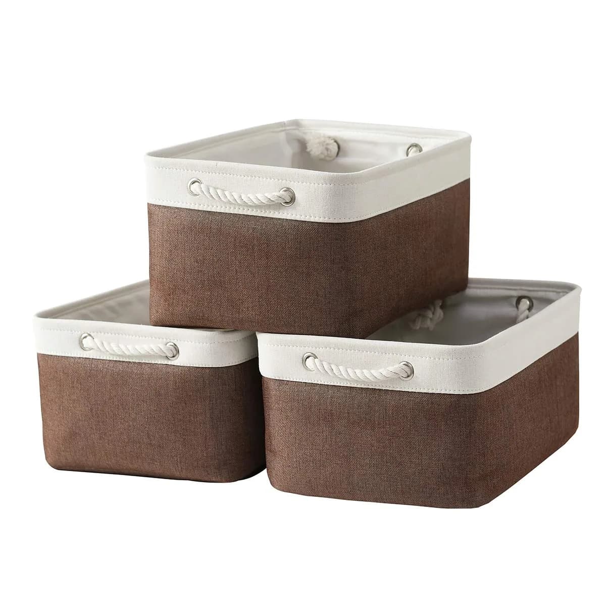 Sacyic Large Storage Baskets for Shelves, Fabric Baskets for Organizing, Collapsible Storage Bins for Closet, Nursery, Clothes, Home & Office (3-Pack, White&Brown) | Stylish & Sturdy — Large